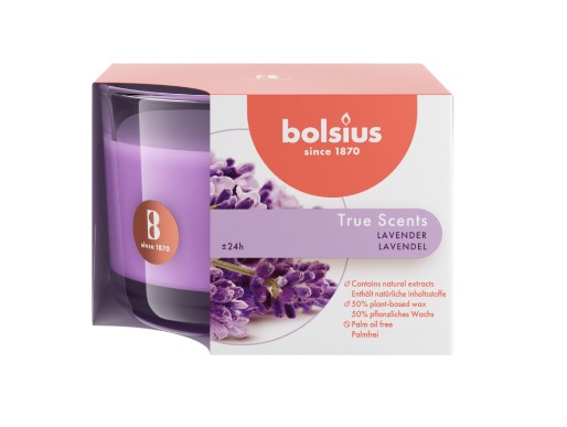 BOLSIUS ILLATGYERTYA ÜVEGBEN 24HR 63/90 MM-LEVENDULA